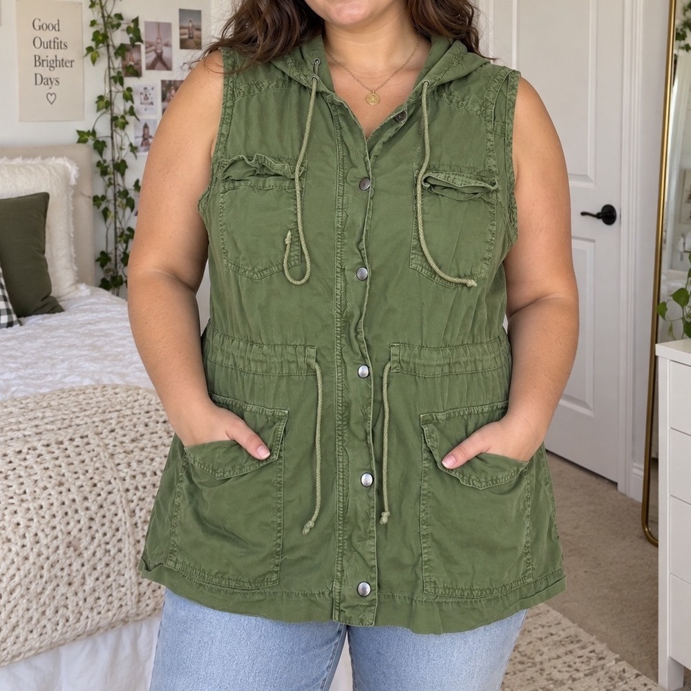 Mudd XL Olive Green Utility Hooded Vest Y2K Gorpcore Cotton Cargo Jacket